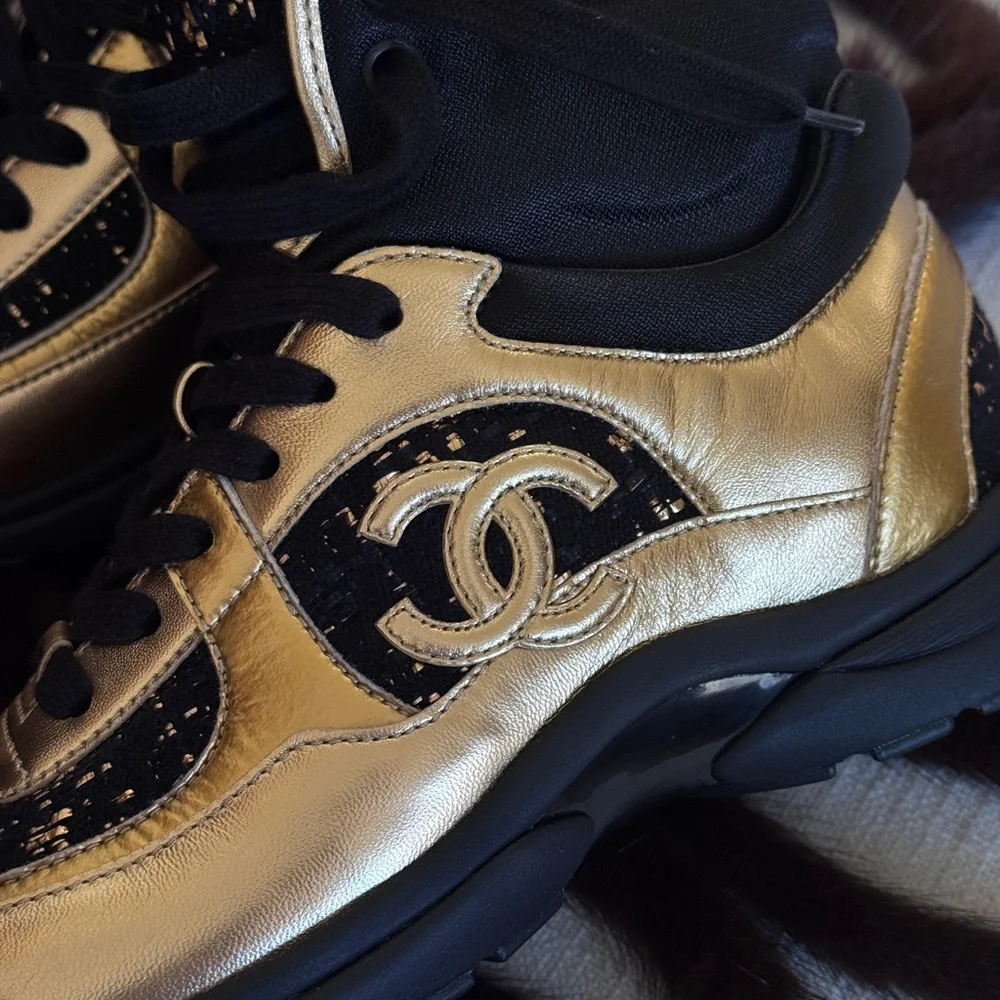 Chanel high top sneakers black and‎ gold with tweed Size 36 1/2